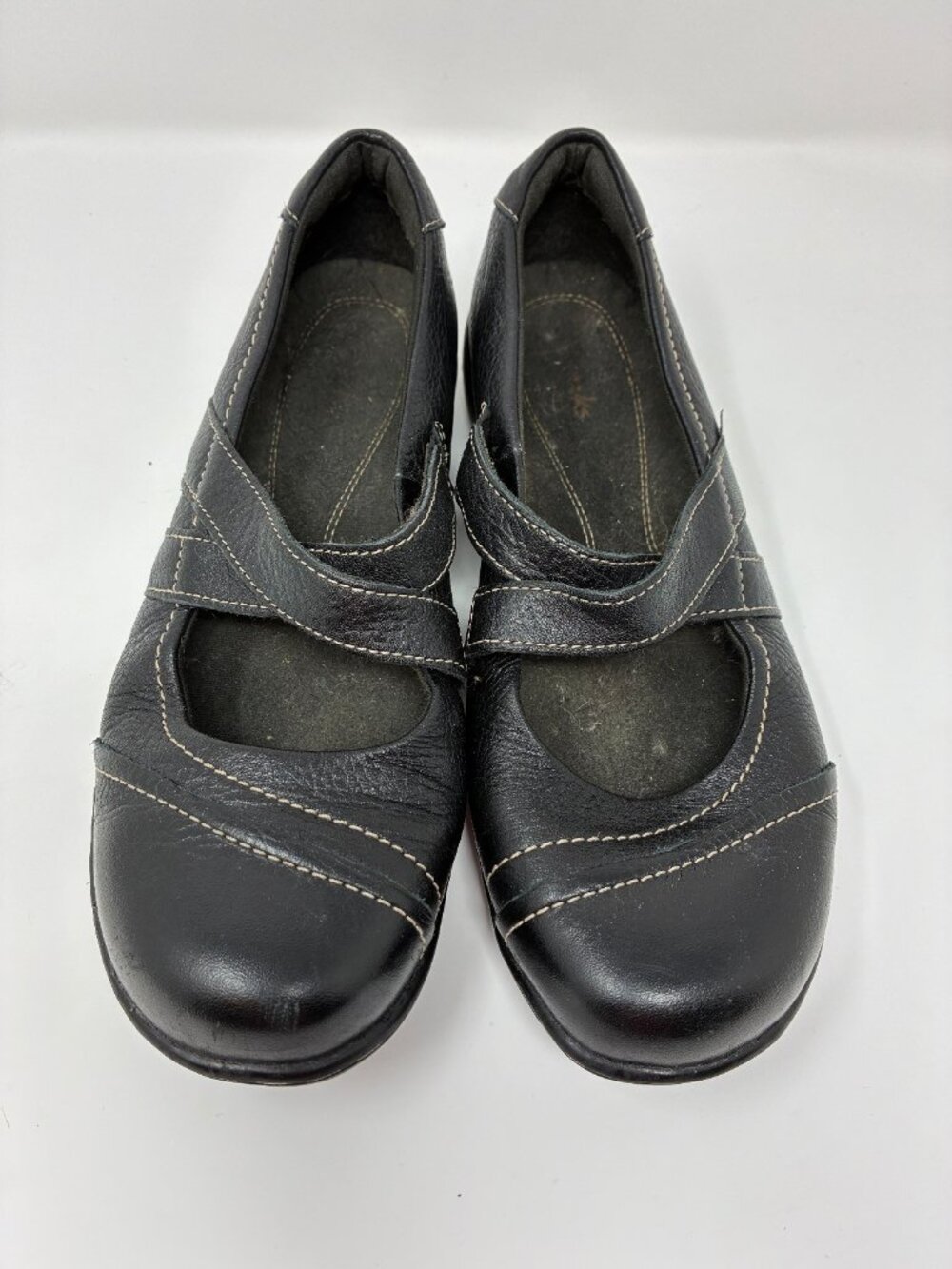 Clarks Bendables Black Mary Jane Strap Flats with Contrast Stitching